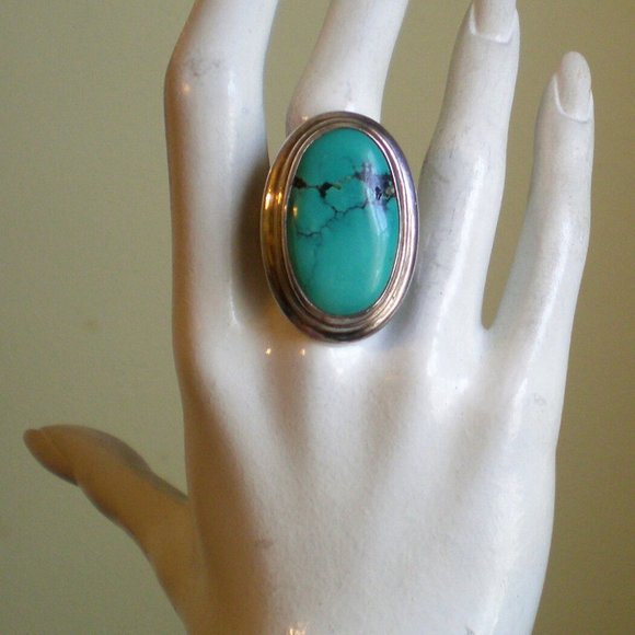 Gorgeous Vintage HUGE Sterling Silver 925 Turquoise Cocktail Dinner Ring 31 g. - Picture 7 of 8